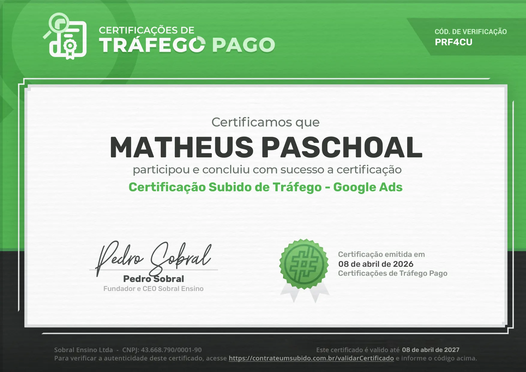 Certificado Subido de Tráfego Google Ads em nome de Matheus Paschoal