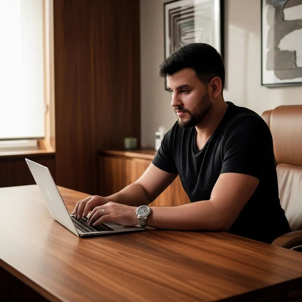 Matheus Paschoal trabalhando nas campanhas no notebook