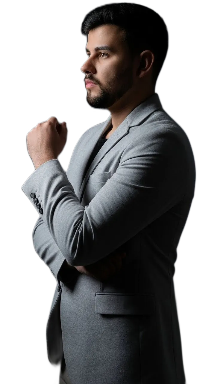 Matheus Paschoal de perfil, de blazer cinza